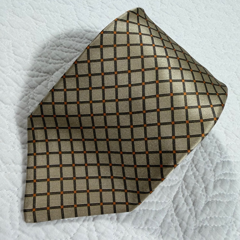 Brioni Necktie Mens Tan Geometric Grid 100% Silk Luxury Handmade Italy READ GUC